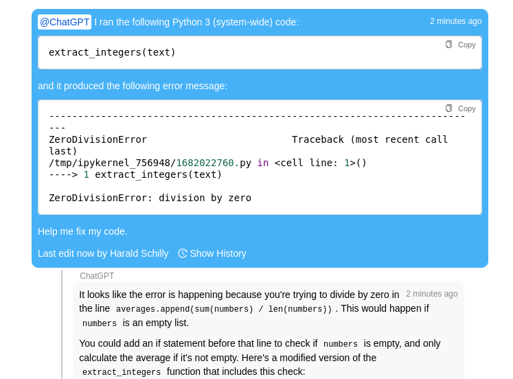 ChatGPT explains an error message and fixes code