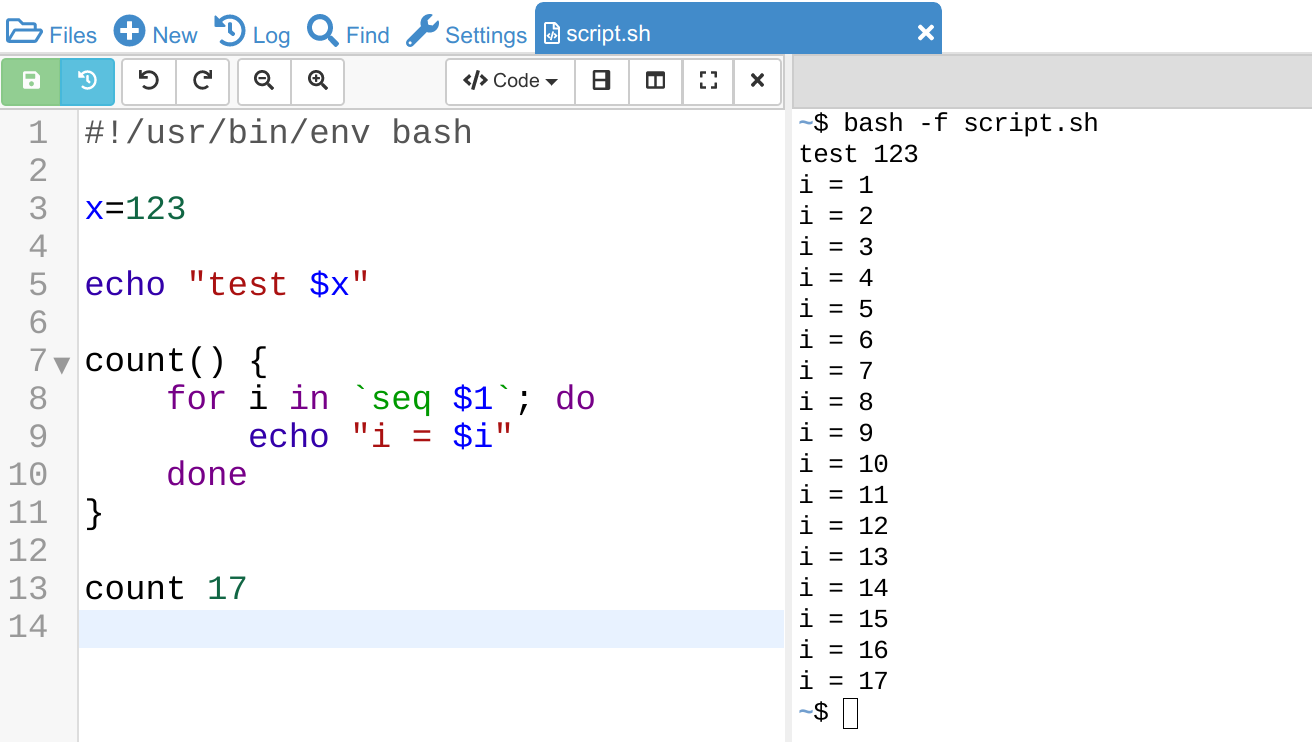 Screenshot of editing and running a shell script